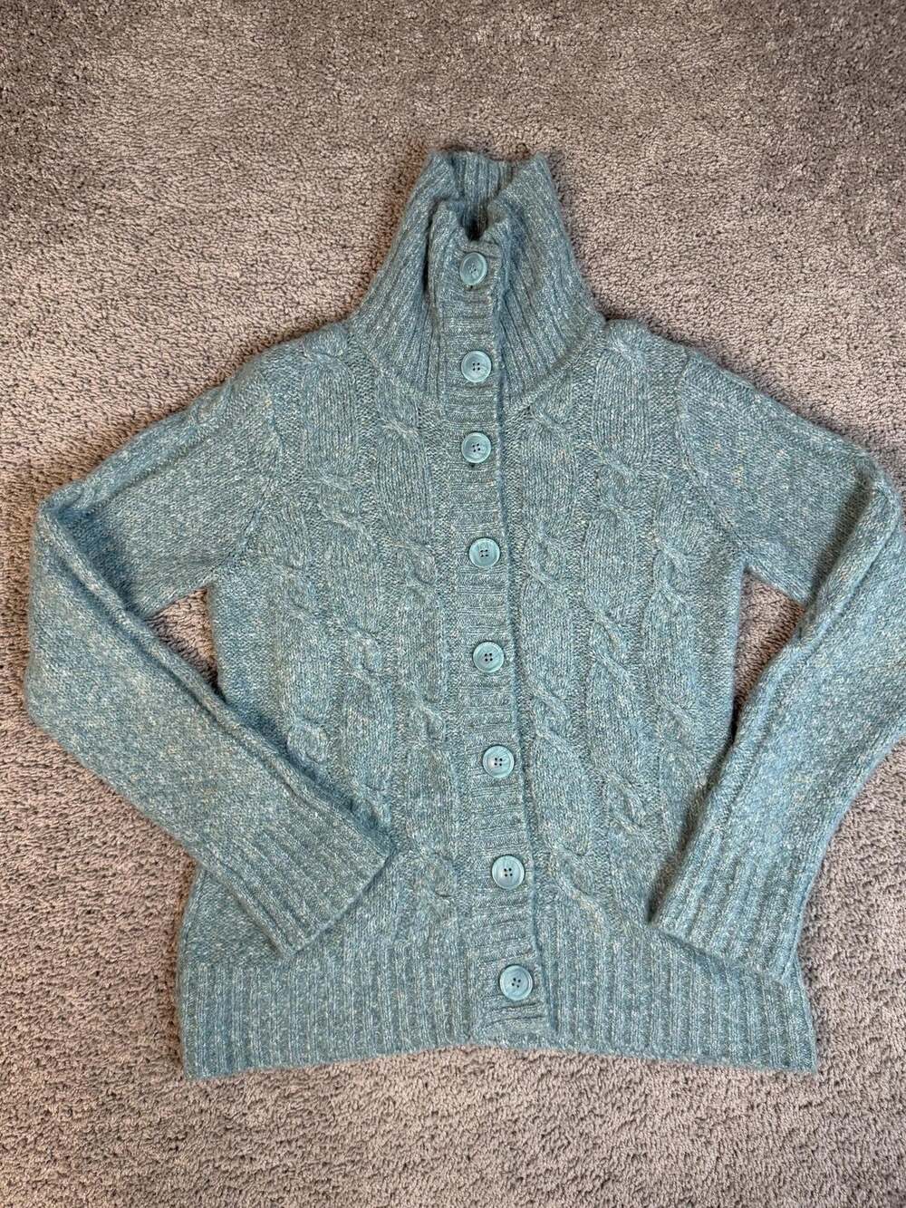 L.L.Bean Sweater Cardigan Womens M Blue Turtleneck Cable-Knit Pockets Buttons